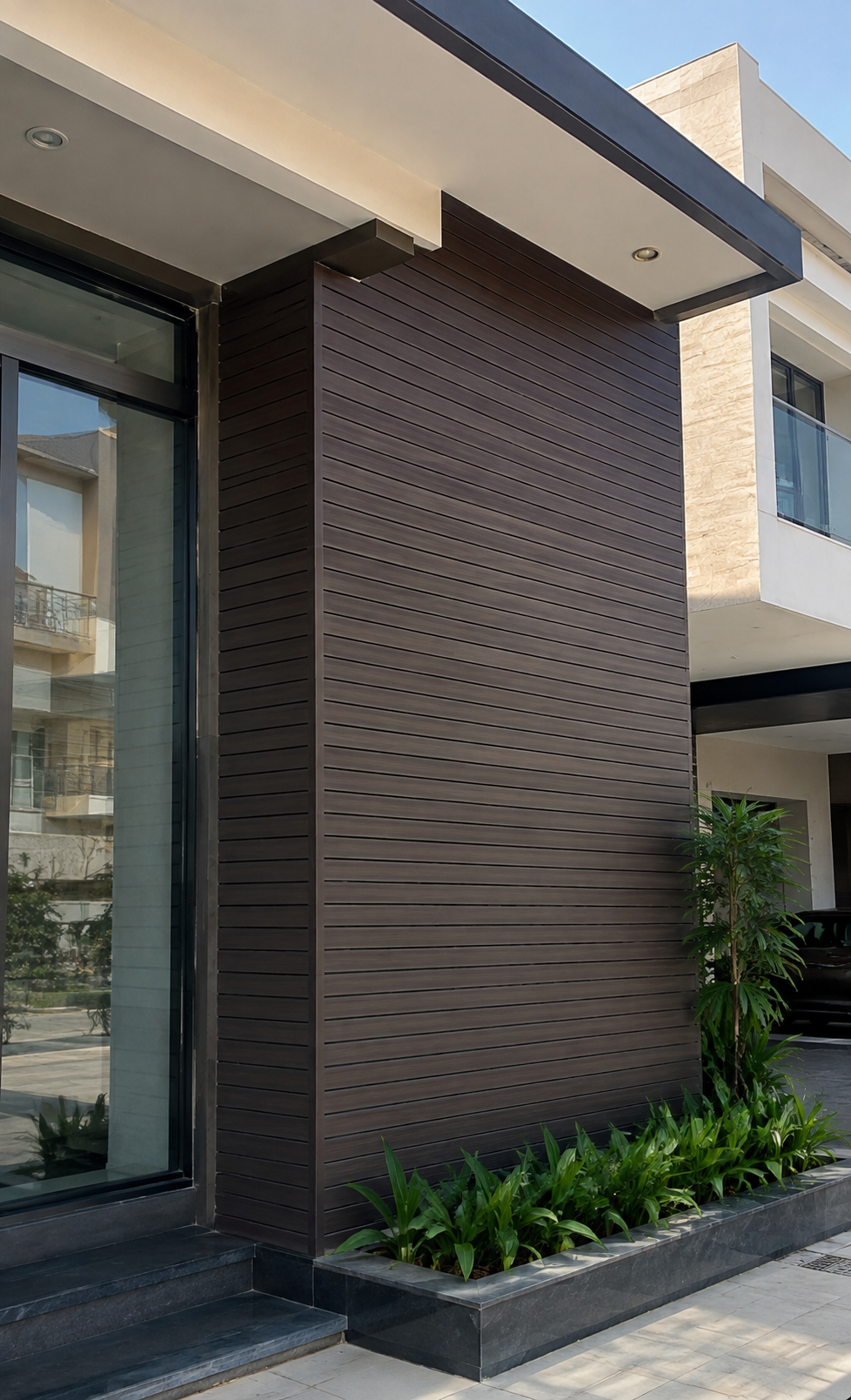 WPC wall cladding and modern metallic facade panels